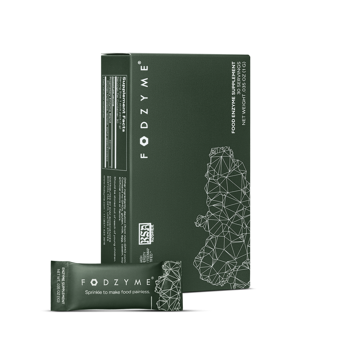 FODZYME box of individual enzyme powder packets.