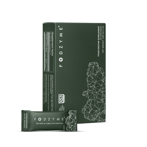 FODZYME box of individual enzyme powder packets.