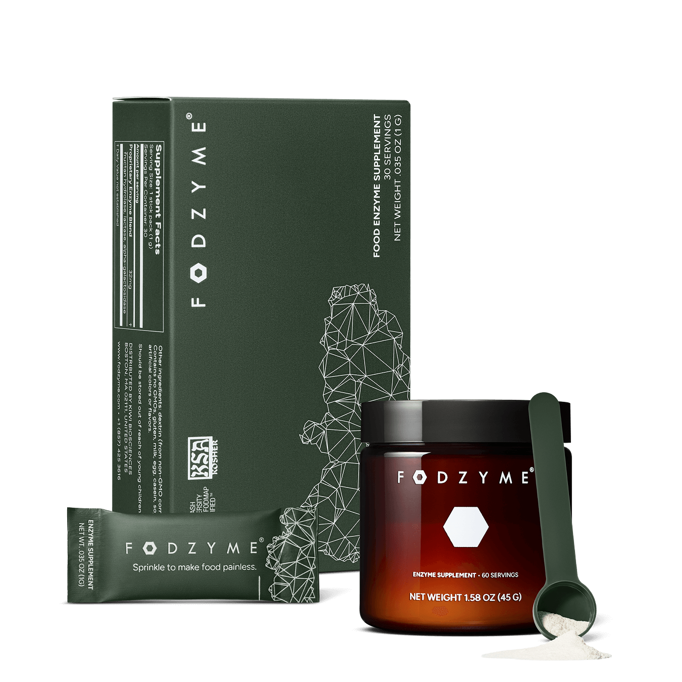 FODZYME Anywhere Bundle: enzyme supplement jar alongside a box of individual-serve packets