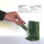 Hand pulling a FODZYME stick pack from a green box. Supplement facts panel shows: 30 servings per container, serving size 1 stick pack (1g), Enzyme blend 32mg (fructan hydrolase, lactase, alpha-galactosidase). Other ingredients: dextrose, dextrin, maltodextrin. Contains no gluten, milk, GMOs, casein, soy, egg, artificial colors or flavors.