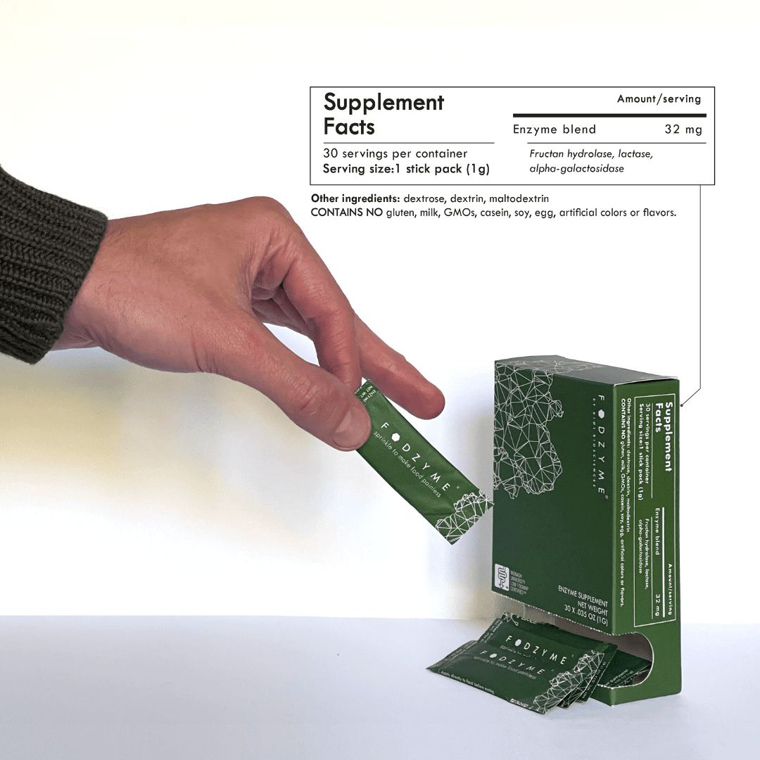 Hand pulling a FODZYME stick pack from a green box. Supplement facts panel shows: 30 servings per container, serving size 1 stick pack (1g), Enzyme blend 32mg (fructan hydrolase, lactase, alpha-galactosidase). Other ingredients: dextrose, dextrin, maltodextrin. Contains no gluten, milk, GMOs, casein, soy, egg, artificial colors or flavors.