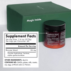 FODZYME enzyme powder jar next to green FODZYME shipping box reading 'Magic inside.' Supplement facts panel shows: Serving Size 1/4 tsp (0.75g), 60 servings per container, Enzyme blend 24mg (fructan hydrolase, lactase, alpha-galactosidase). Other ingredients: dextrin. Contains no GMOs, gluten, milk, casein, soy, egg, artificial colors or flavors.